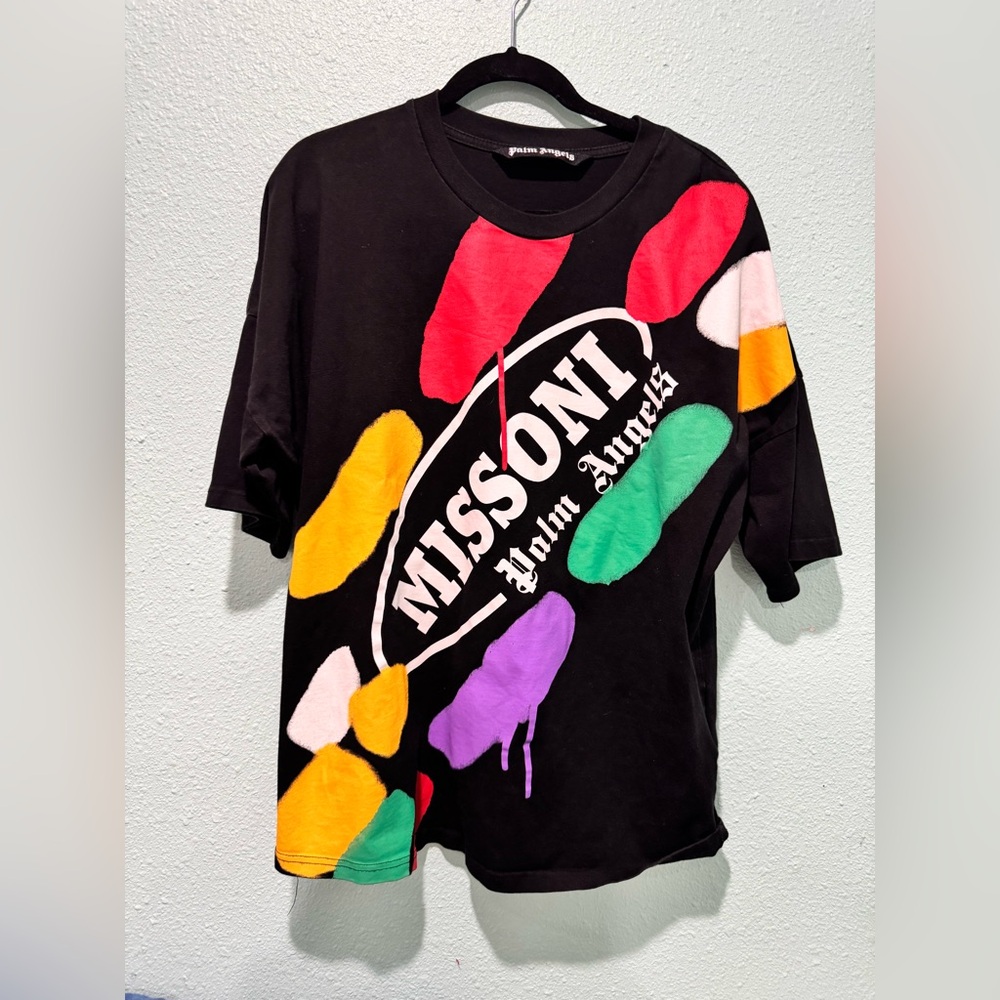 Palm Angels Black Tee with Multicolor Paint Splotches